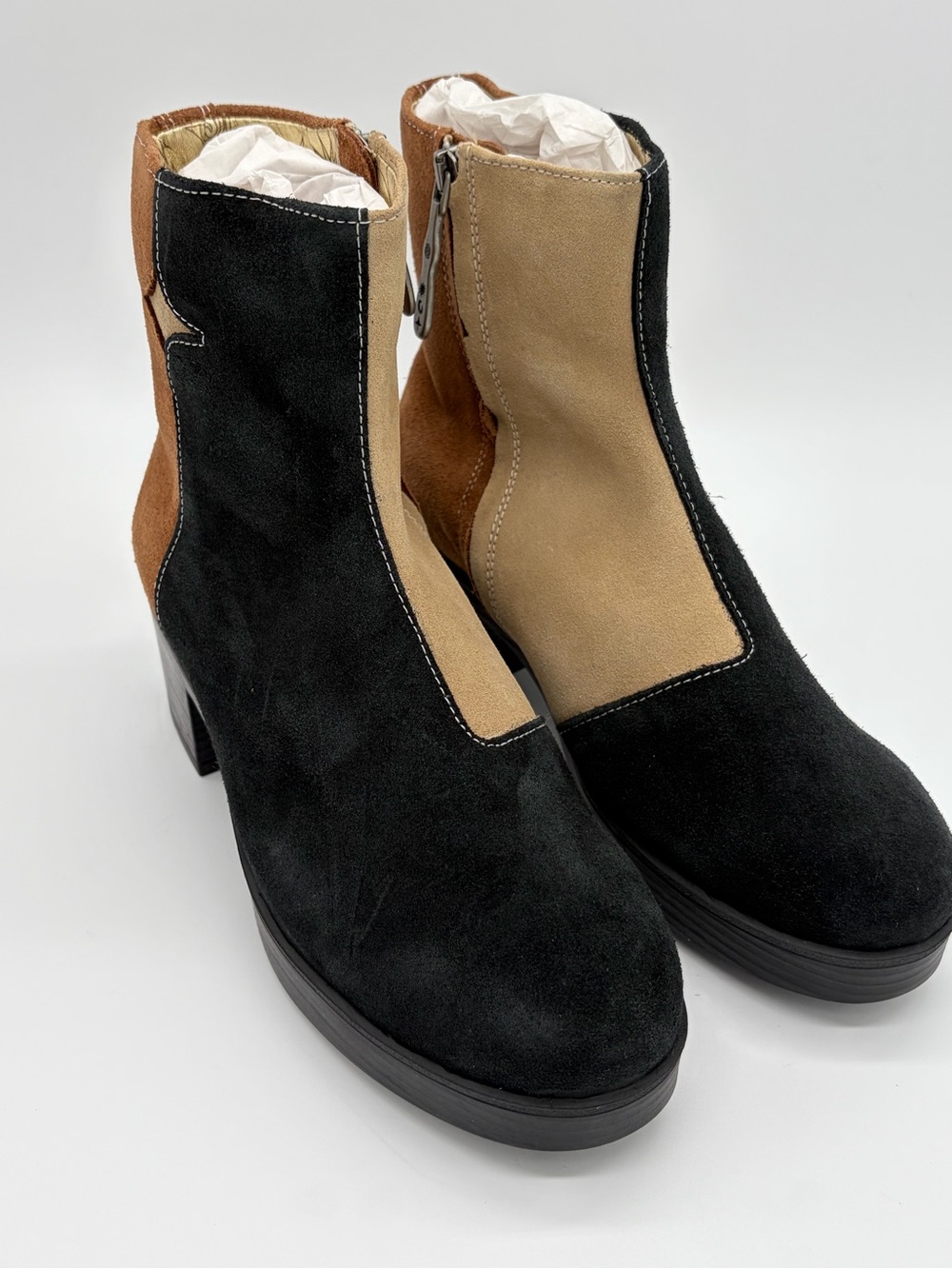 Two-Tone Suede Platform Ankle Boots - Black, Tan & Brown Size 7.5